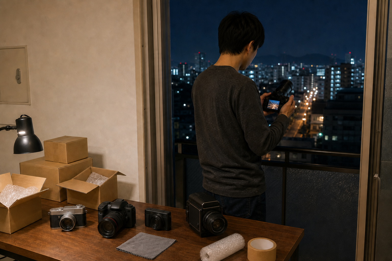 中古カメラが並ぶ作業机のそばで、ベランダから撮った手ぶれ夜景を望遠カメラの背面画面で確認する人