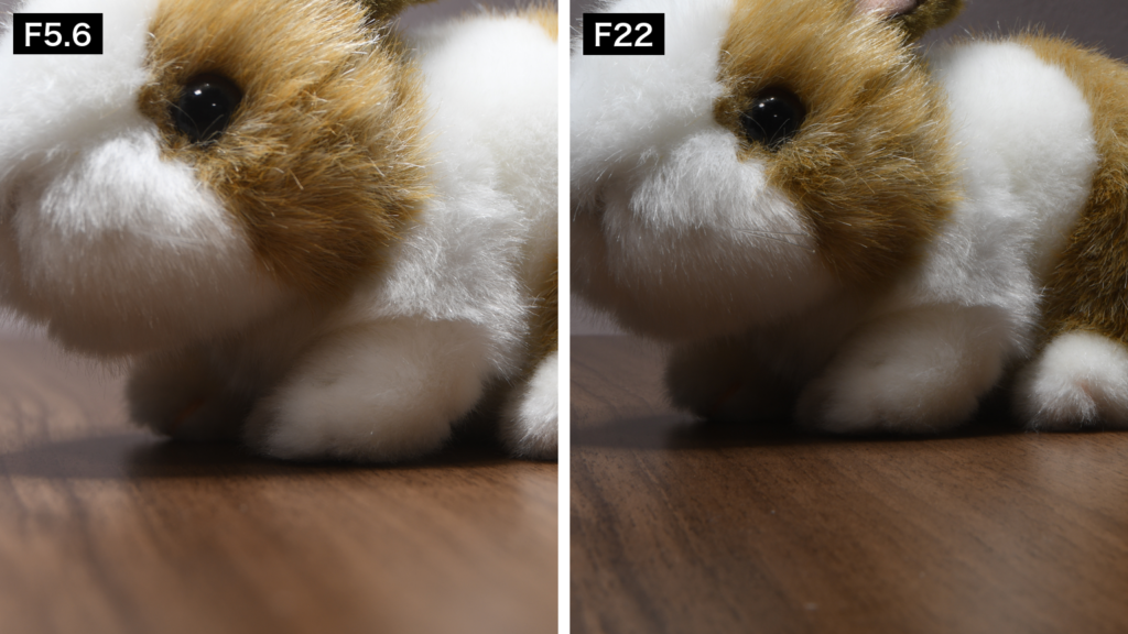 F5.6とF22で撮ったうさぎの小物。足元の床の木目が、F5.6ではぼやけ、F22でははっきり見える