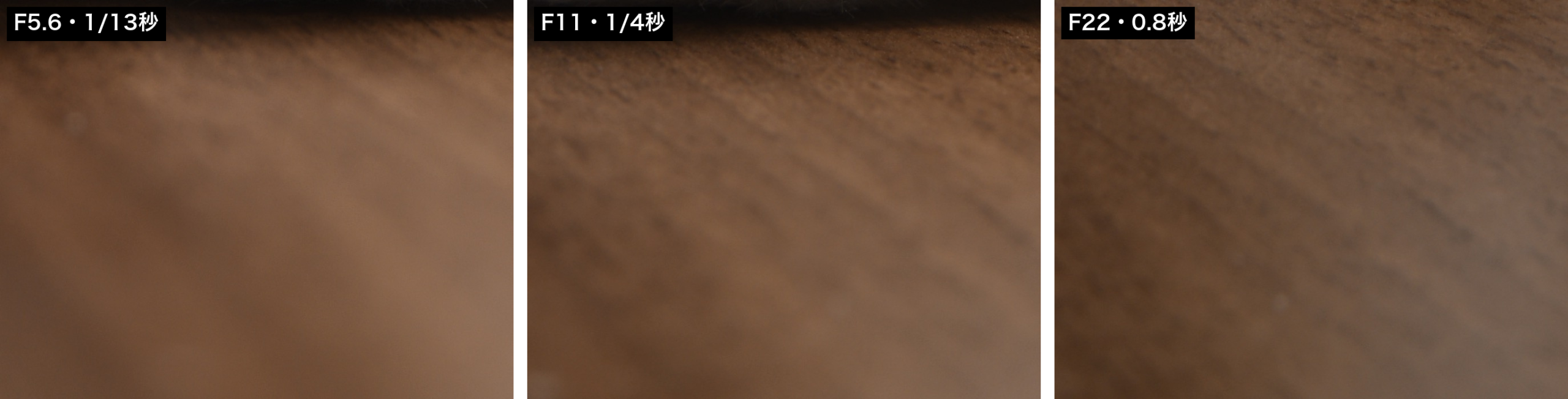 うさぎの足元の床の木目を等倍で切り出した3枚。F5.6でぼやけ、F11で線が出て、F22で細かい点々まで見える