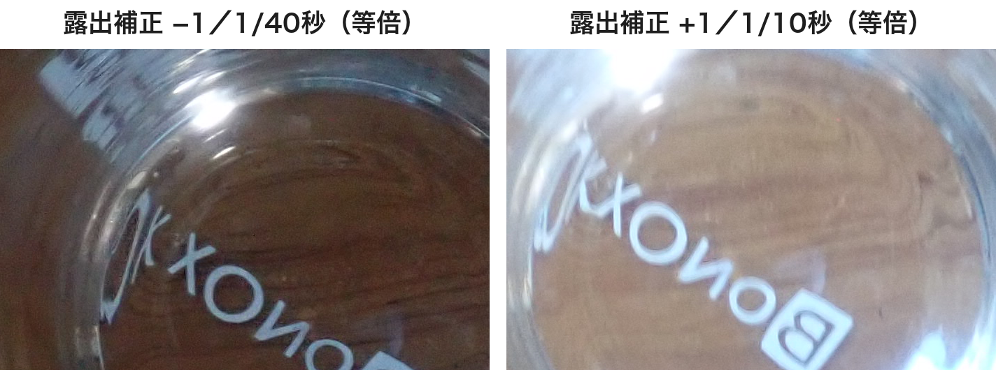 透明なコップの底の文字を等倍で切り出した比較。左は露出補正−1、右は露出補正+1でいちばんぼやけている