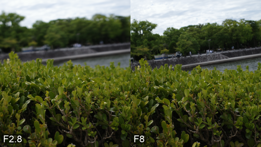 GR IIIの作例。植え込みの背景をF2.8とF8で比べたアイキャッチ