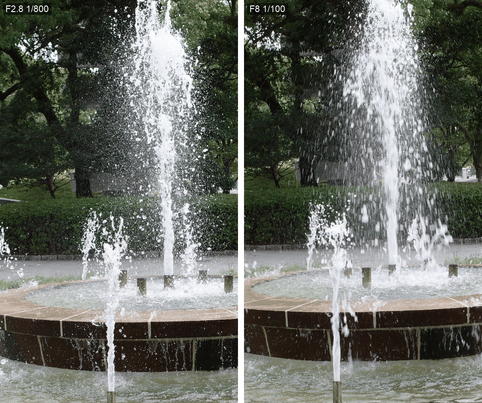 噴水をF2.8 1/800秒とF8 1/100秒で撮った比較。水しぶきが粒から線に変わる