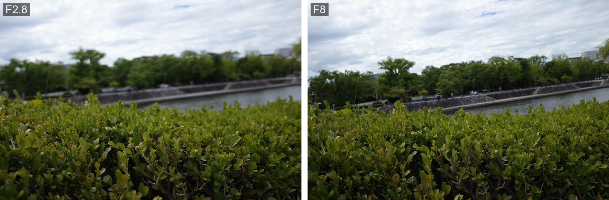 植え込みの作例をF2.8とF8で横に並べた比較
