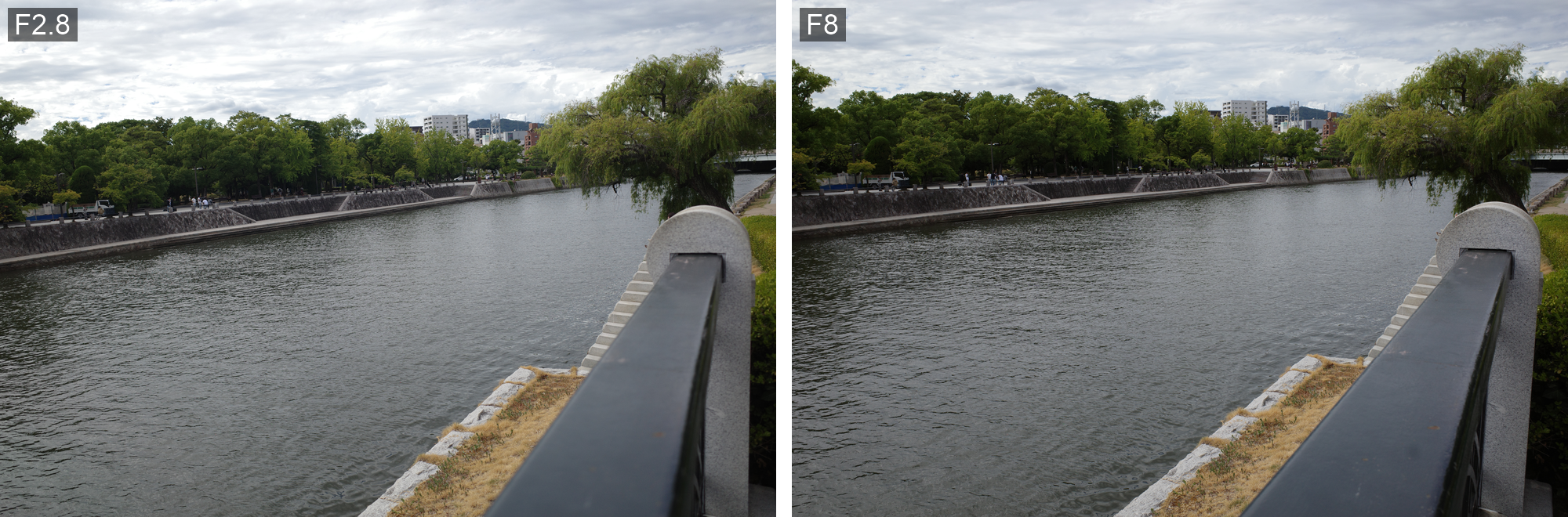 欄干越しの遠景をF2.8とF8で横に並べた比較