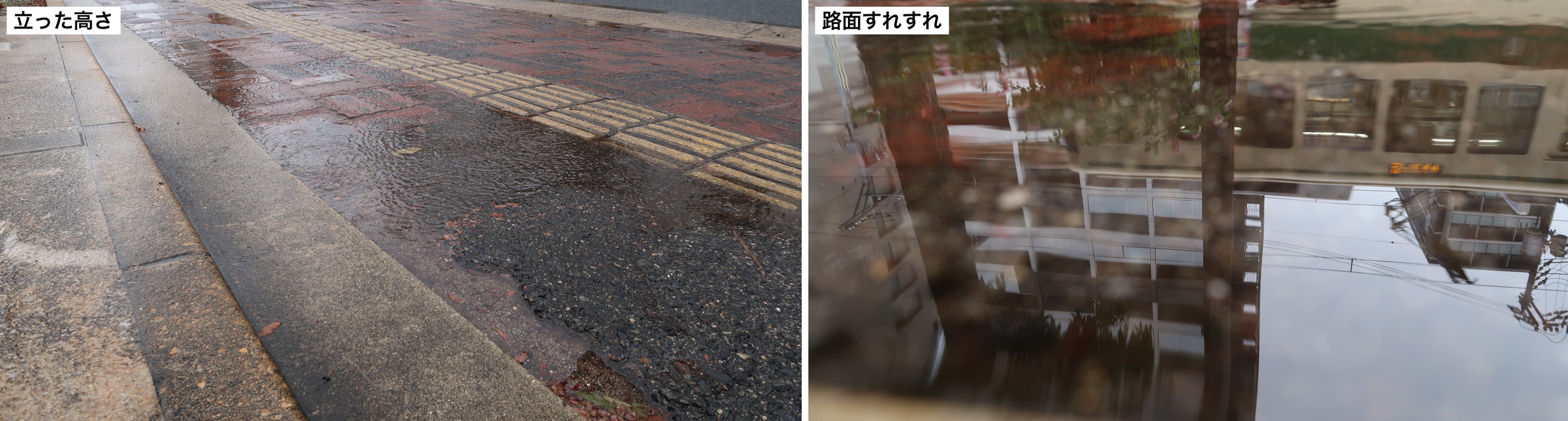 左：立った高さで撮った水たまり／右：路面すれすれで撮った水たまり。設定は同じで、カメラの高さだけが違う