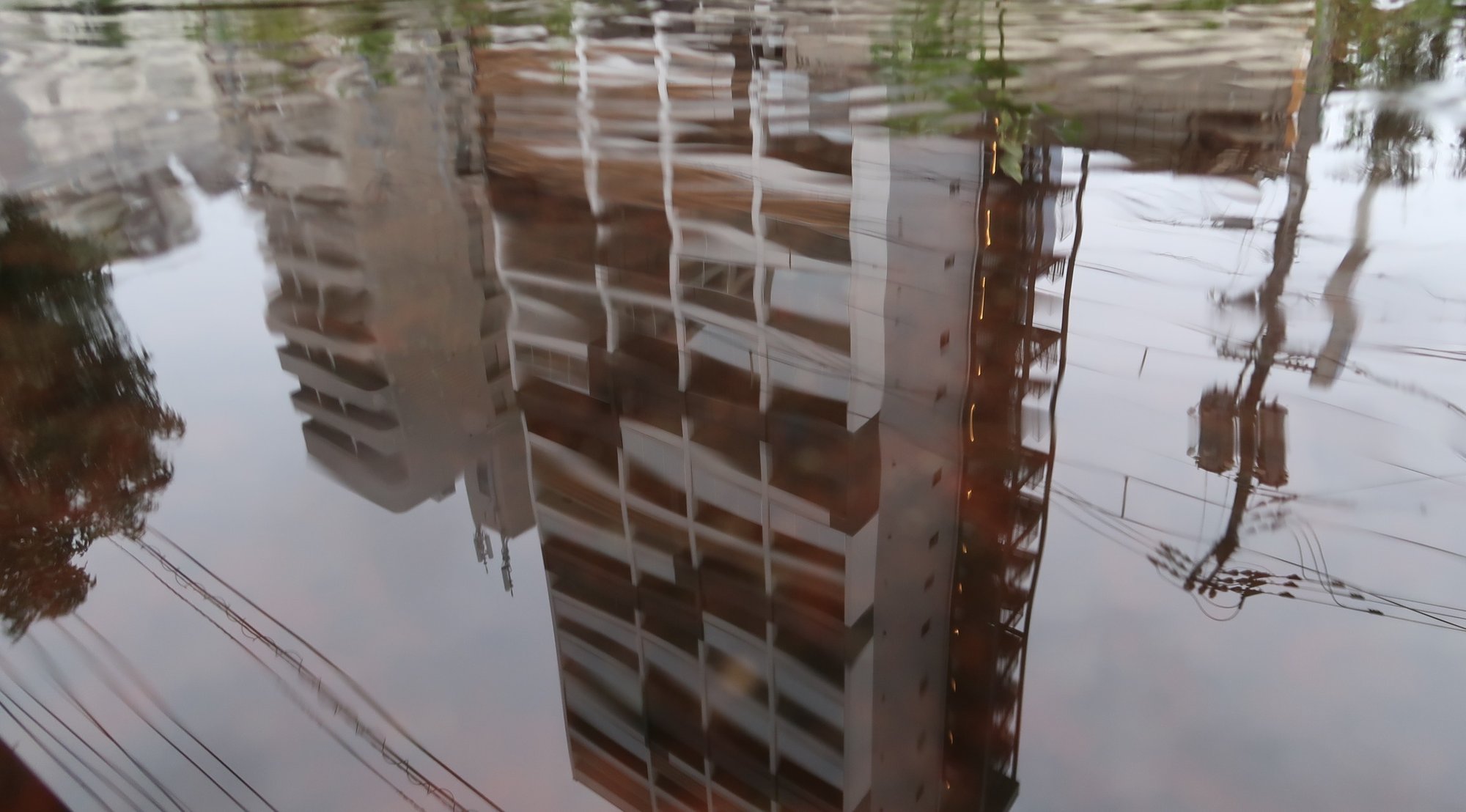 水たまりに高層マンションが丸ごと逆さに映っている