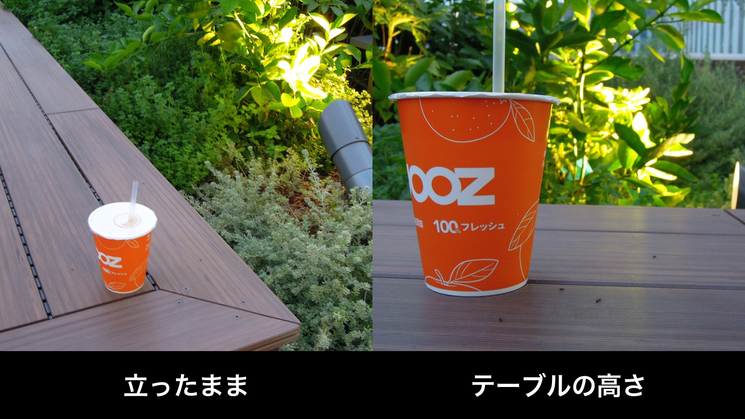 同じオレンジ色の紙カップを「立ったまま」「テーブルの高さ」で撮り比べた2枚を左右に並べたアイキャッチ