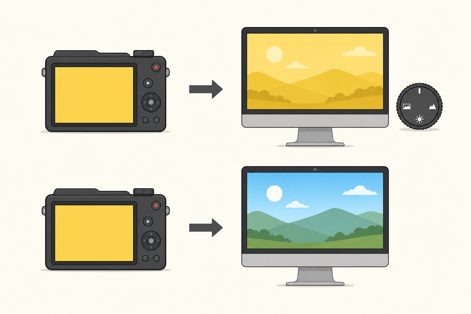 撮った写真をパソコンで開いたとき、写真も黄色ければホワイトバランスの設定を疑い、写真が普通の色なら液晶焼けを疑うという切り分けを、上下2段で示した図