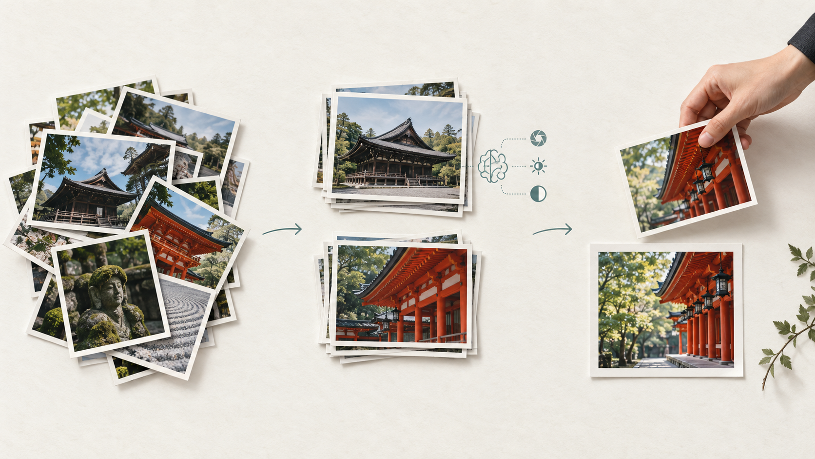 写真をAIが場所や設定で整理し、最後に本人が1枚を選ぶ流れを表したイメージ図。描かれた写真は実写作例ではない