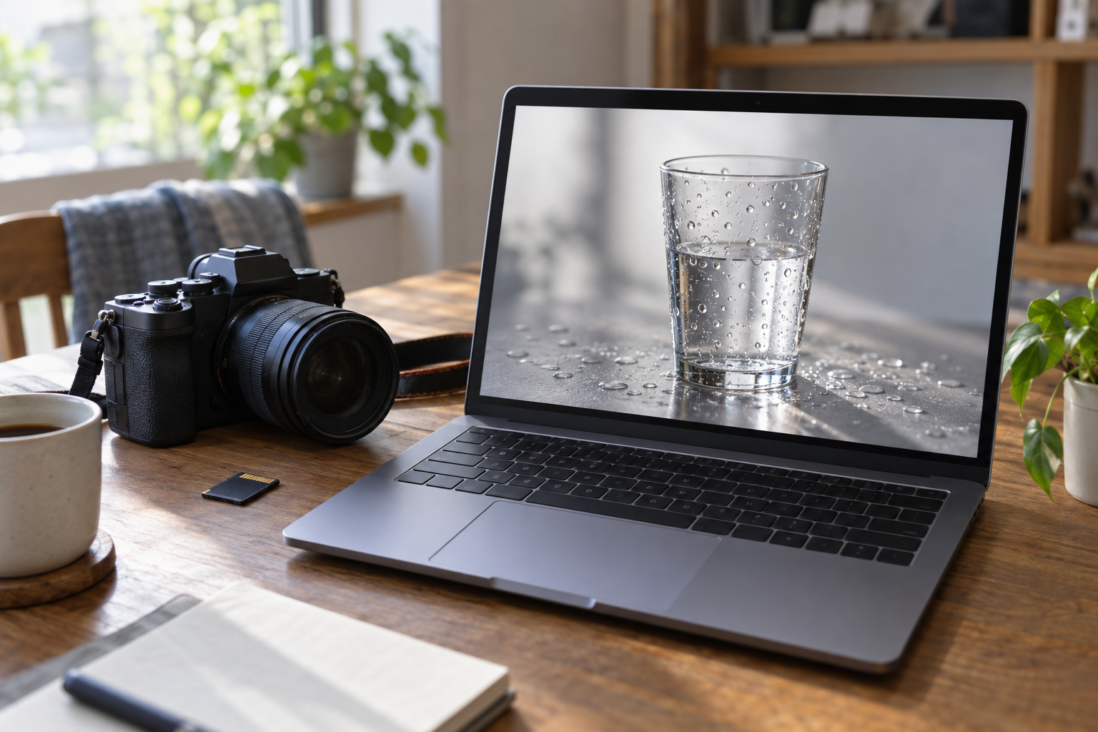 撮影後にカメラの写真をパソコンで見返す机。カメラとSDカードがそばに置かれている