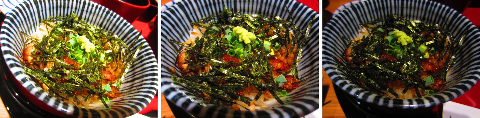 薬味をのせたひつまぶしの茶碗3枚。左から露出補正0・−1・−2で、右にいくほど暗く写っている