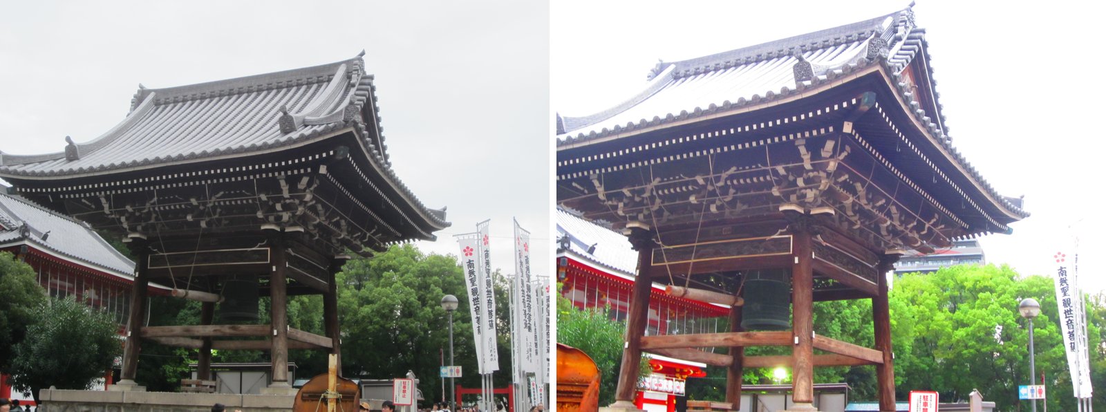 大須観音の鐘楼。左はこだわりオートで曇り空が灰色に写り、右は極彩色で近づいて撮り、空が白く柱の木や後ろの葉の緑が濃く写っている