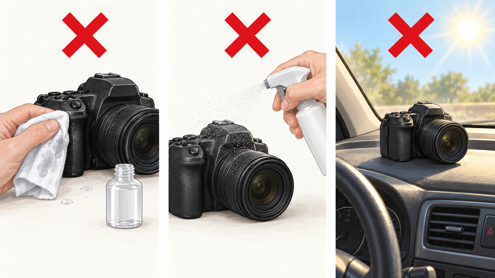 薬品で拭く、消臭スプレーを直接かける、高温の車内に置く行為にバツ印を付けた図