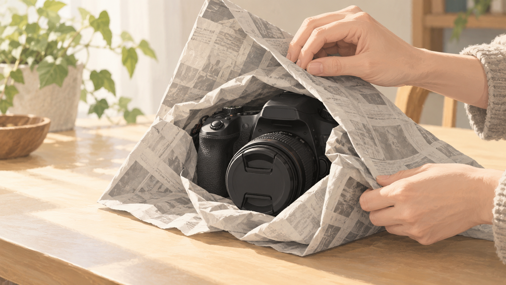中古カメラを新聞紙でくるんでタバコ臭を取るイメージ
