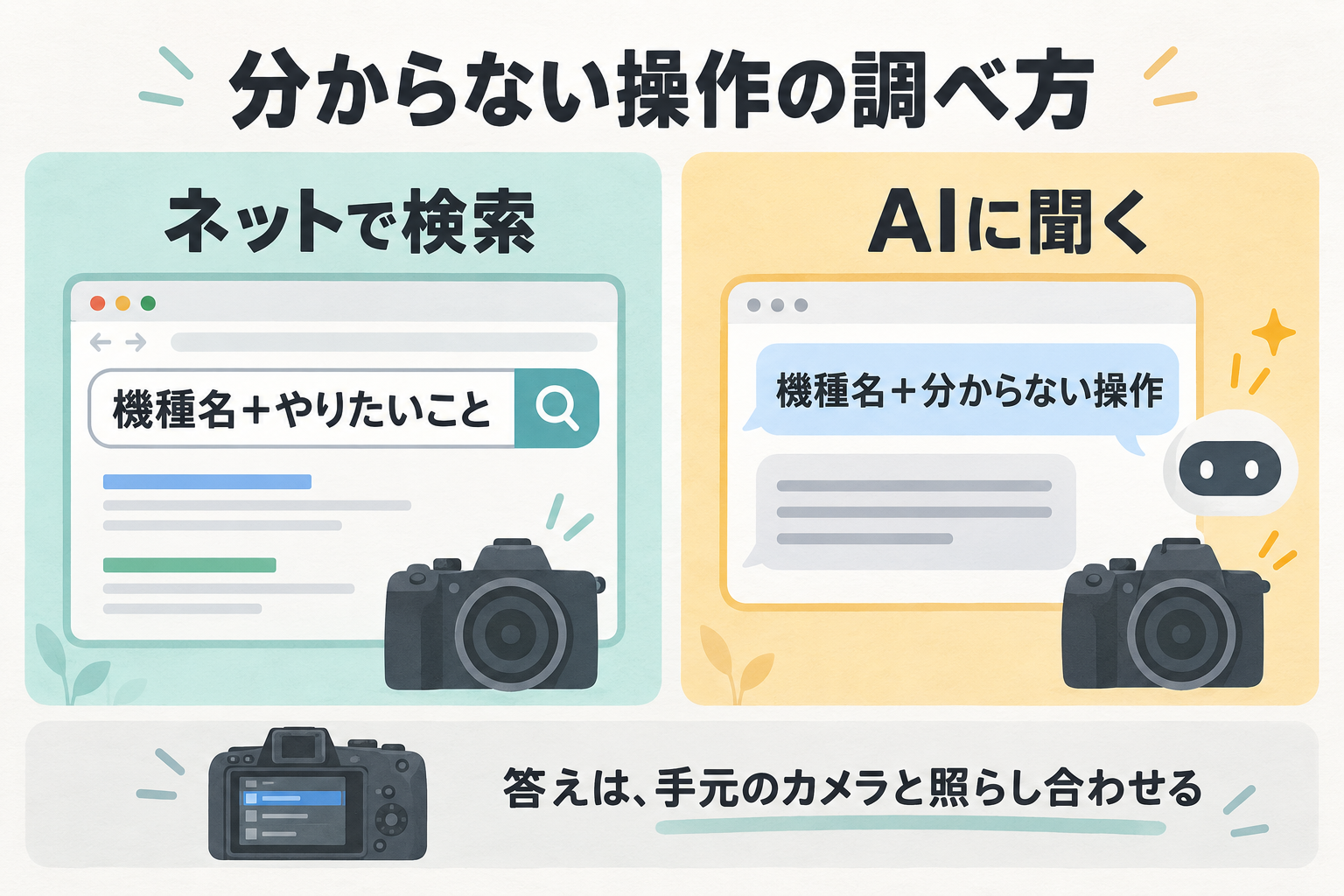 分からないカメラ操作を「機種名+やりたいこと」で検索する方法と、機種名を入れてAIに聞く方法の比較図