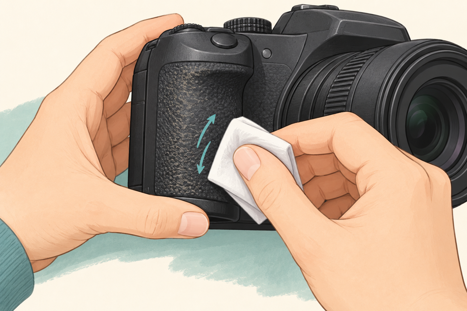 無水エタノールを少しつけたふき取り用の紙で、カメラのゴム製グリップを軽くこする図解