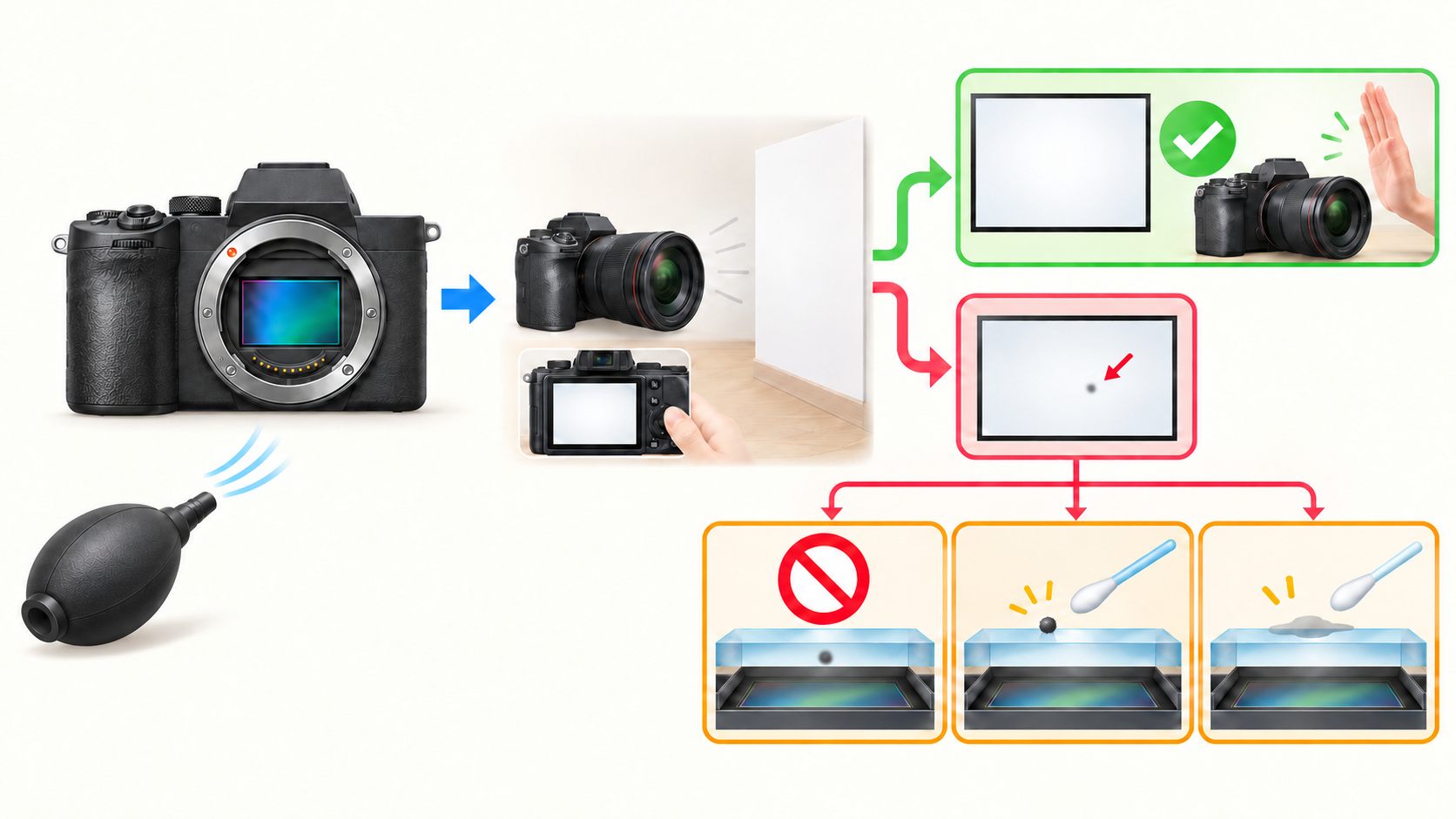 ブロワー清掃後に写真の黒い点を確認し、写らなければ触らず、写る場合は内部のゴミ、密着したゴミ、表面の汚れを考える判断の図解