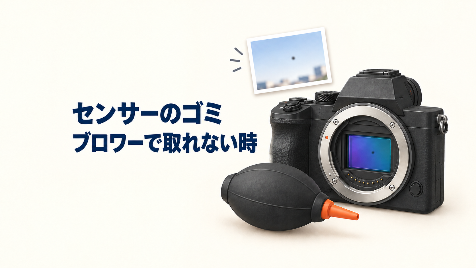 センサーのゴミがブロワーで取れない時。レンズを外したカメラ、手動ブロワー、写真に写った黒い点を示すアイキャッチ