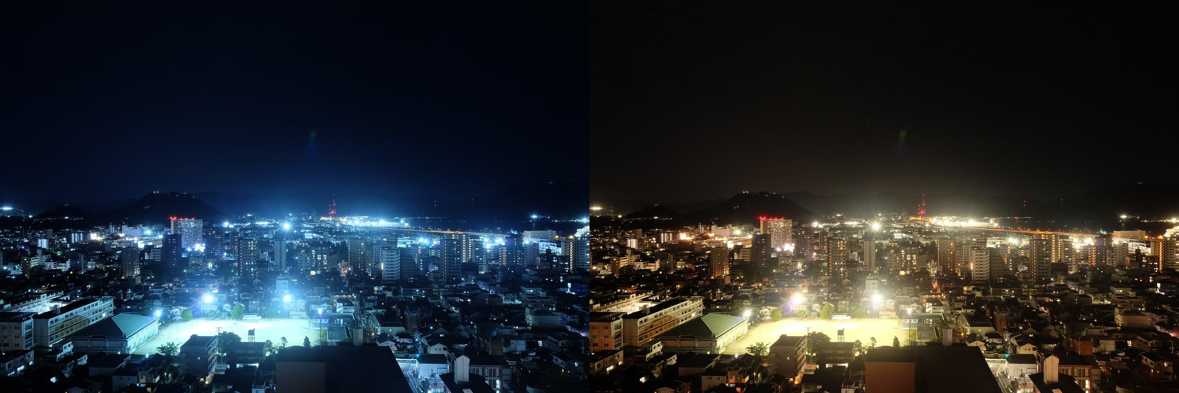 同じ向きの夜景の比較。左はホワイトバランス電球で街全体が青く、右は昼光色蛍光灯で街の明かりがオレンジ色に写っている