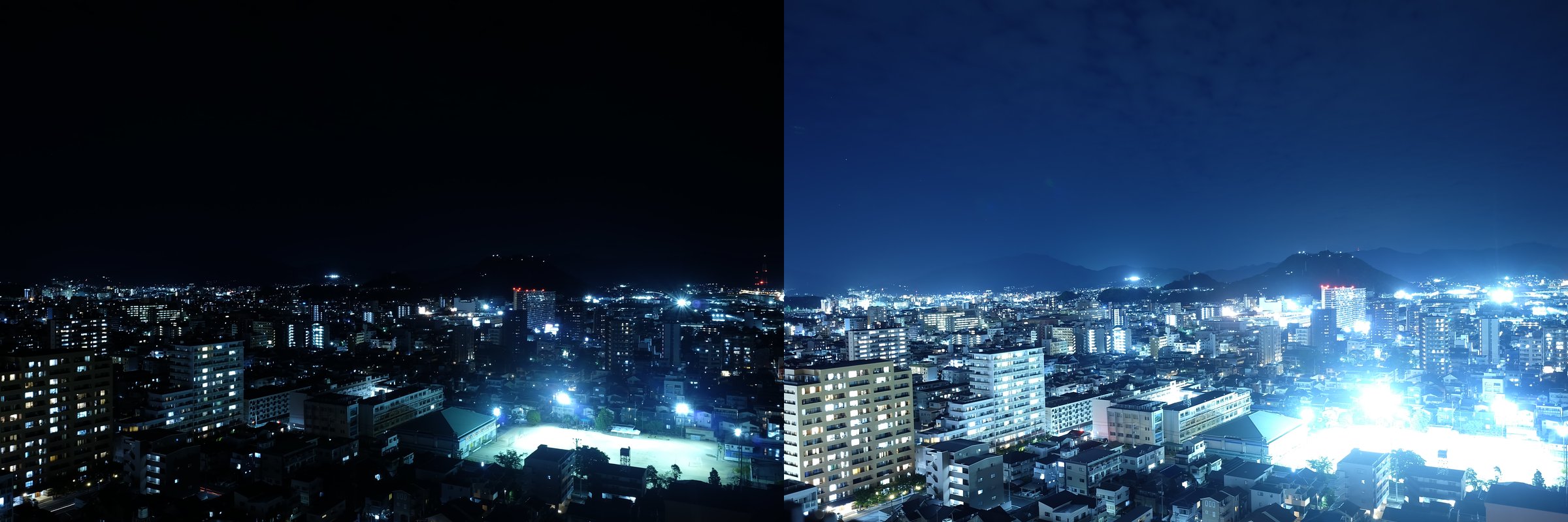 同じ向きの夜景の比較。左はF8で空が黒いまま街が青く、右はF2.8で空が濃い青になり、グラウンドの光が白く大きく広がっている