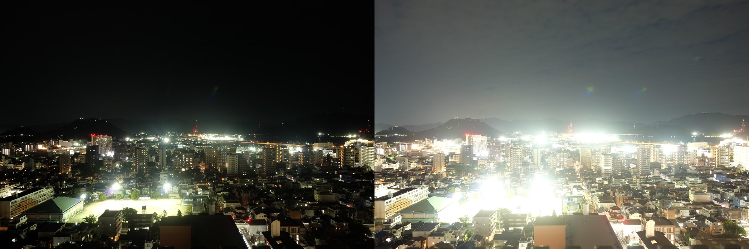 ホワイトバランスがオートの夜景の比較。左はF8で空が黒く、右はF2.8で空が灰色になり、光が白く広がって近くの建物が見えにくい
