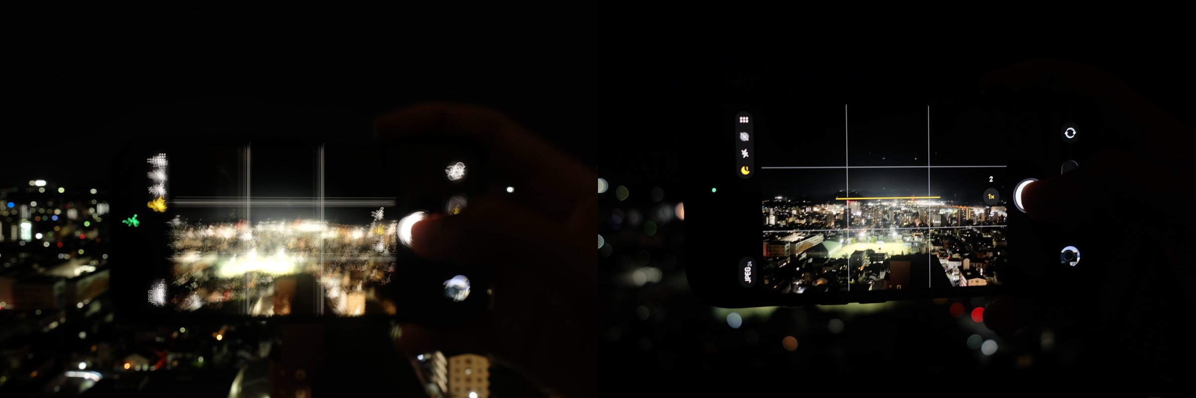 三脚のカメラの前にスマホをかざして撮った比較。左は5秒で画面が光の筋になって流れ、右は1/15秒でスマホの画面の夜景が止まって写っている