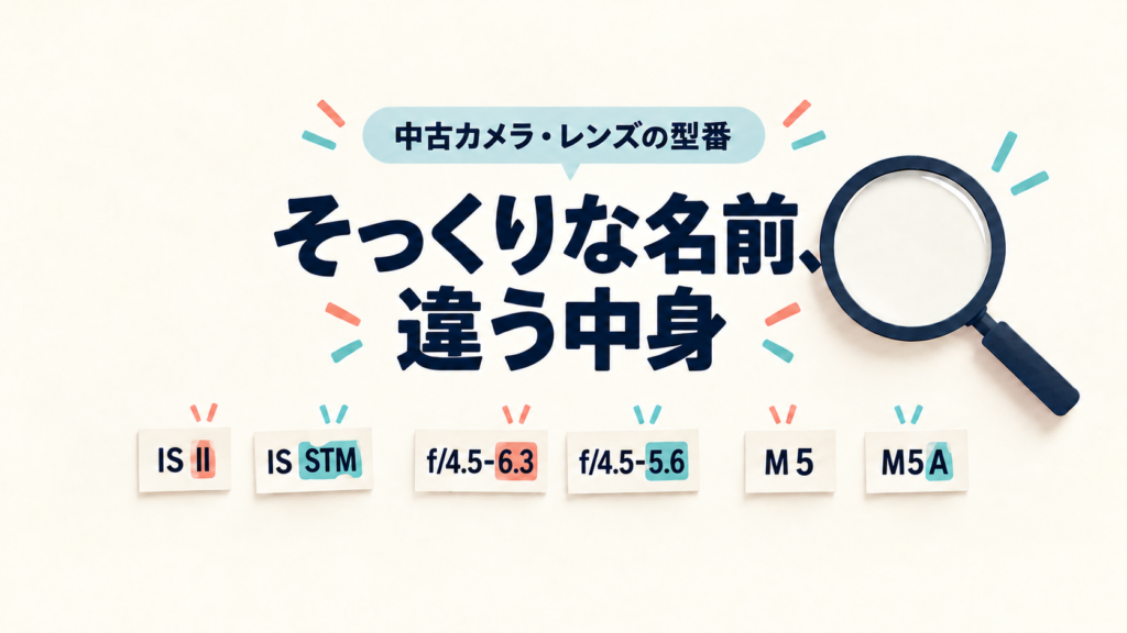 中古カメラ・レンズの型番の違い。IS IIとIS STM、f/4.5-6.3とf/4.5-5.6、M5とM5Aを比較。M5は強調せず、M5Aの末尾のAだけを強調したアイキャッチ。
