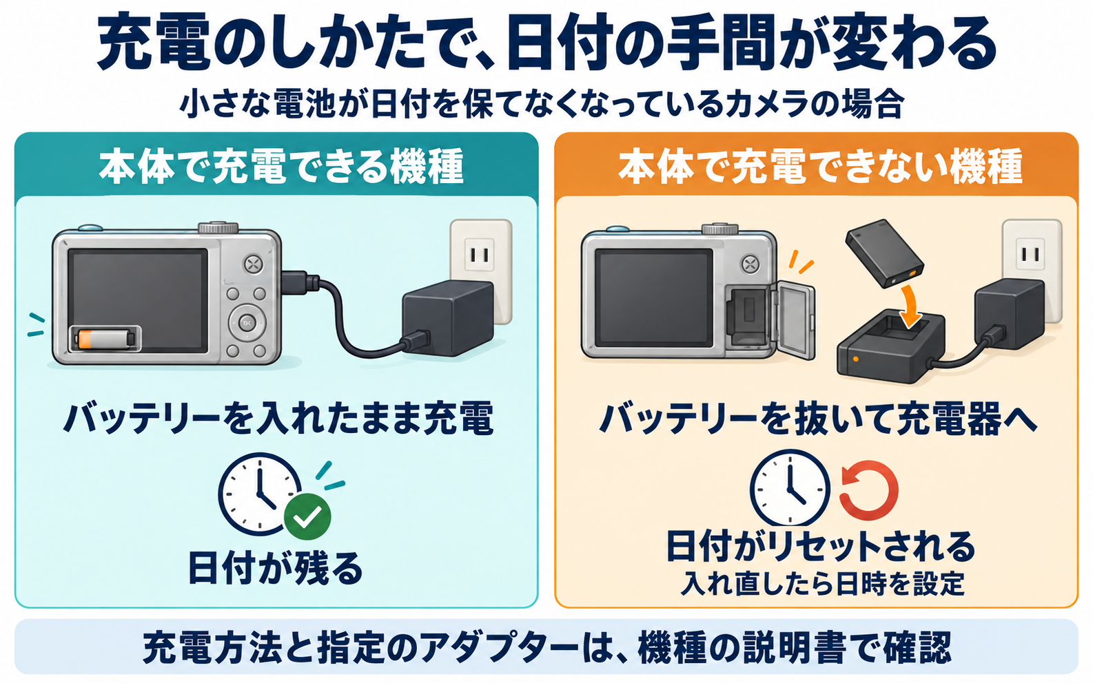 時計用の小さな電池が日付を保てないカメラで、本体にバッテリーを入れたまま充電する場合と、バッテリーを抜いて充電器で充電する場合の日付の違い。