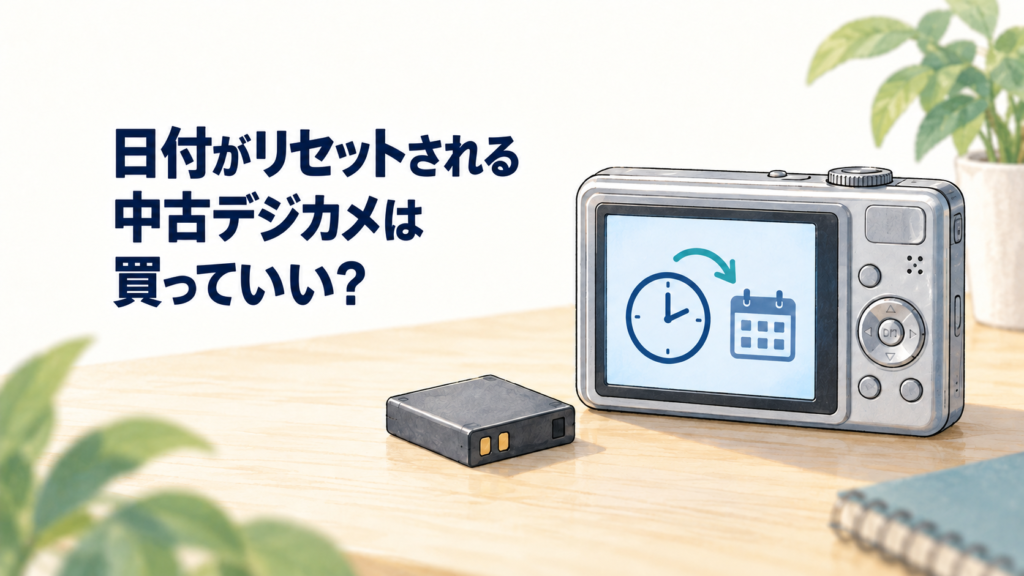 日付がリセットされる中古デジカメは買っていい？ バッテリーと時計・カレンダーを示したデジカメのイラスト。