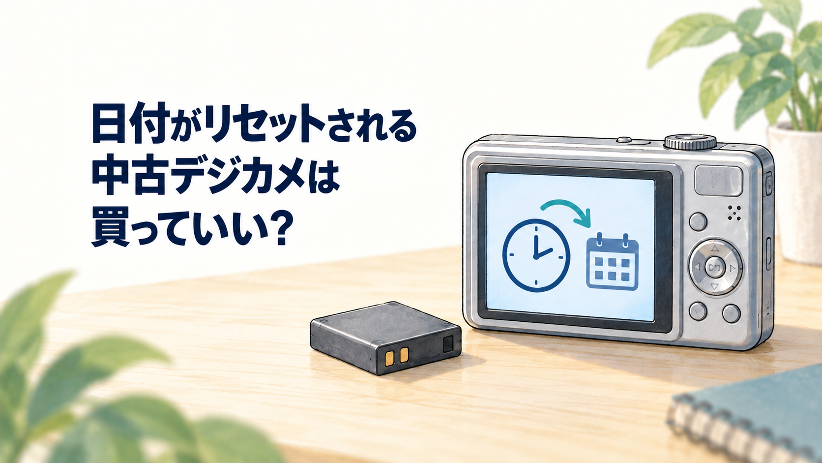 日付がリセットされる中古デジカメは買っていい？ バッテリーと時計・カレンダーを示したデジカメのイラスト。
