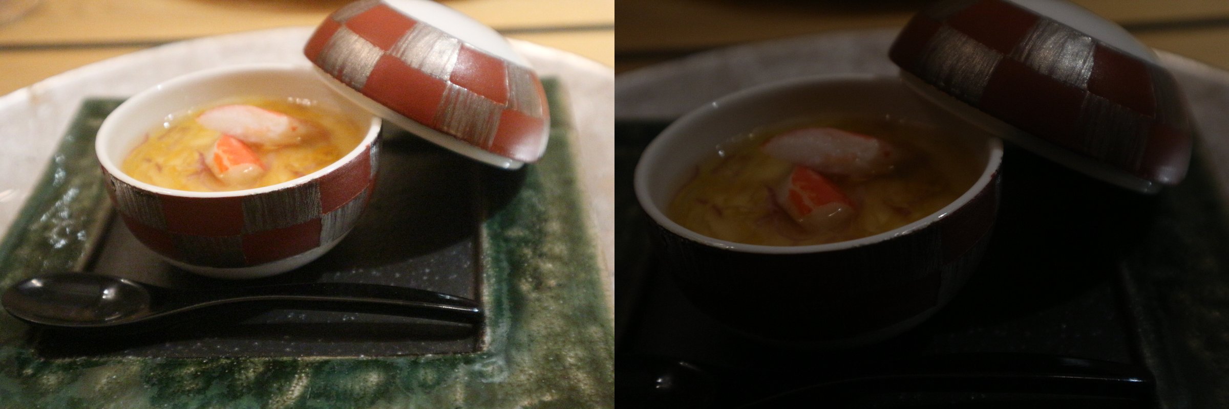 茶碗蒸しの比較。左は黄色と上にのったカニの赤が明るく写り、右は器のまわりが黒く沈んで暗く写っている