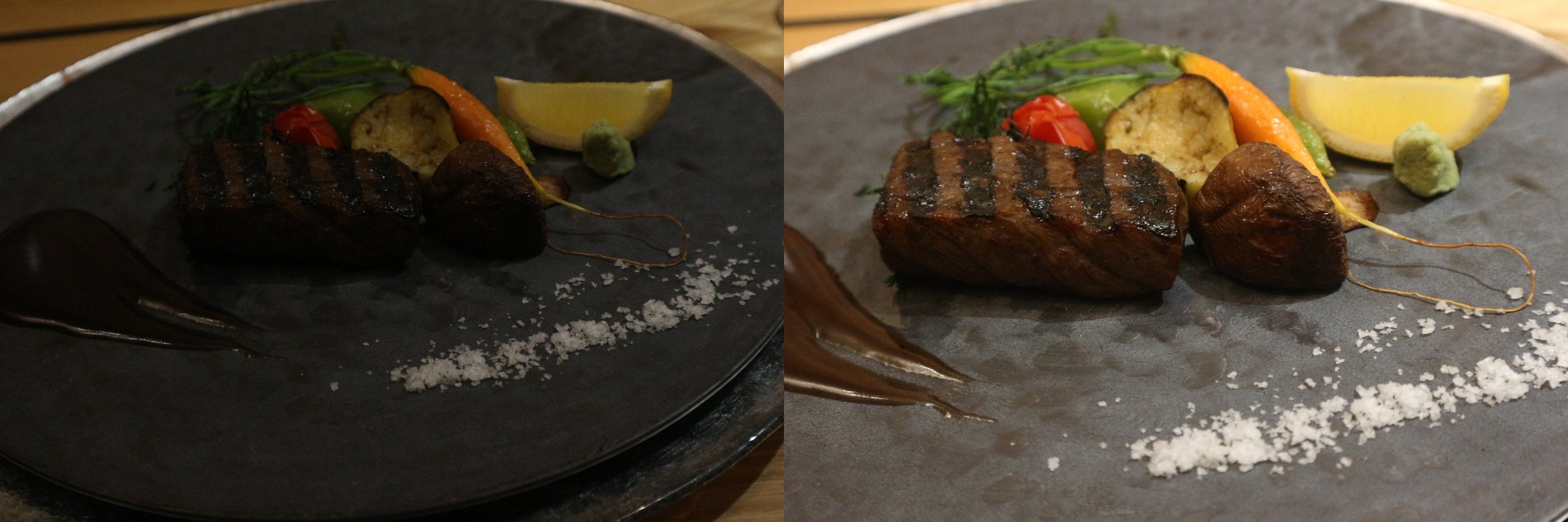 ステーキの比較。左は黒っぽい皿が暗く沈んで焼き目が見えにくく、右は明るく焼き目の筋やミニトマトが見える