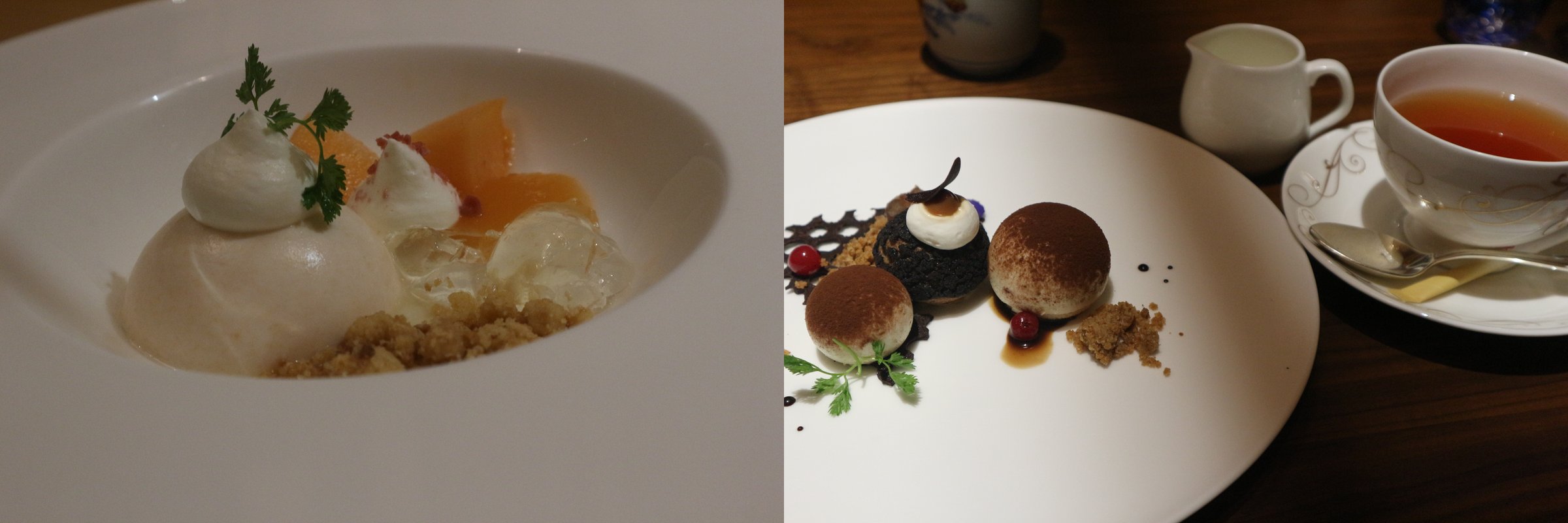 デザートの比較。左は白いムースとオレンジ色の果物がやわらかく写り、右は丸いケーキと紅茶がくっきり写っている