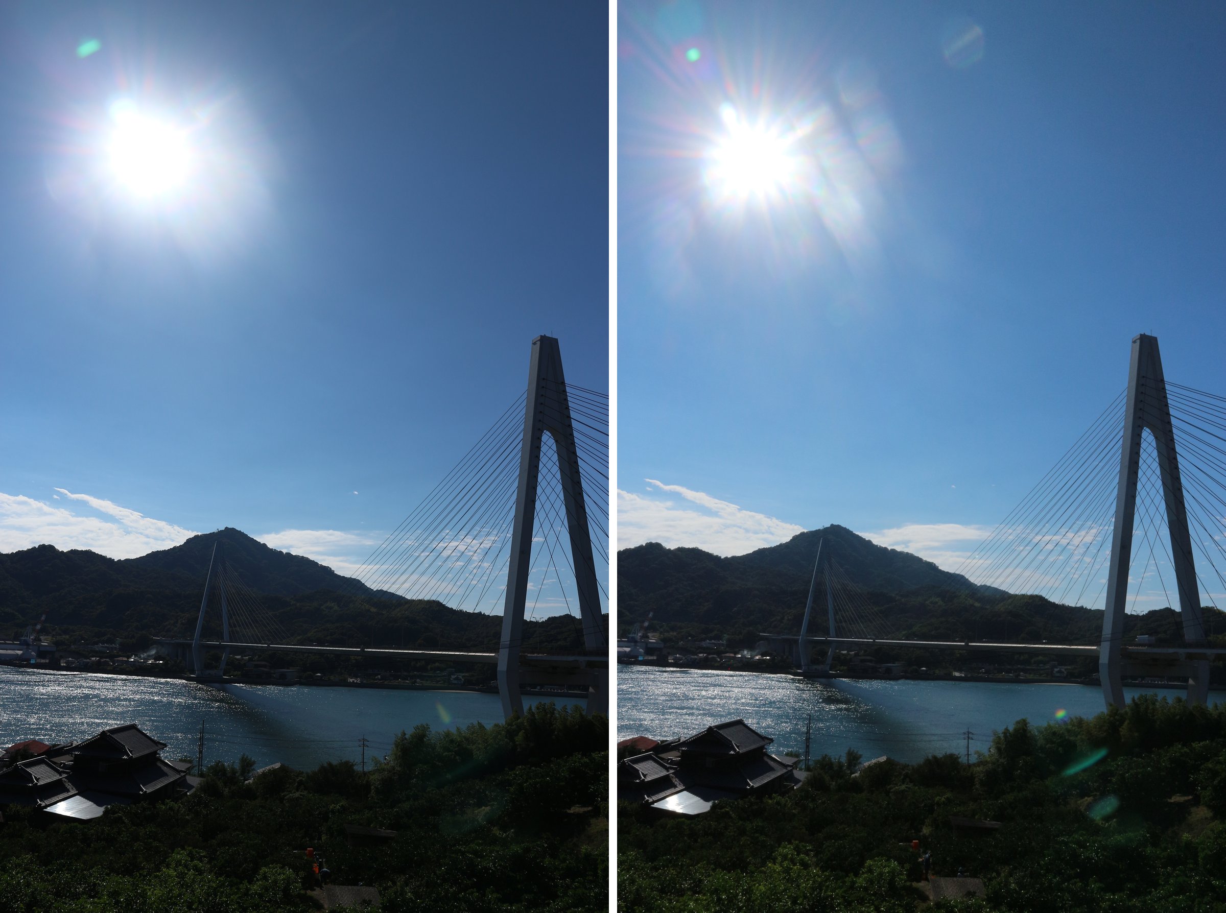 しまなみ海道の橋の塔と、左上の太陽を縦位置で並べた2枚。左のF8は太陽が大きな白い丸でまわりの空が白っぽく、右のF18は太陽から長い光の筋が放射状に伸びている