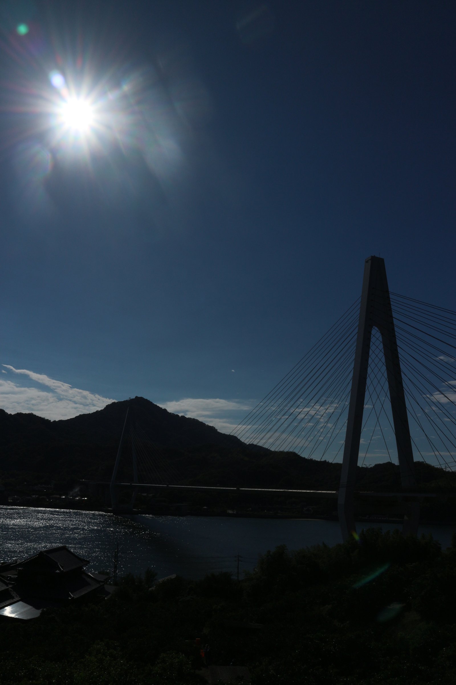 F16で撮った橋と太陽。暗い紺色の空に、光の筋が放射状に出た太陽が写り、右に橋の塔とケーブル、手前の木々と家の屋根は黒い影になっている