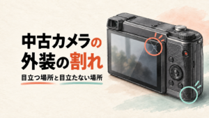 中古カメラの外装の割れについて、液晶と本体下部のヒビを示した記事アイキャッチ