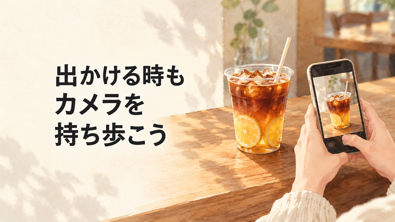 出かける時もカメラを持ち歩こう。カフェでレモンコーヒーをスマホで撮る場面のイラスト