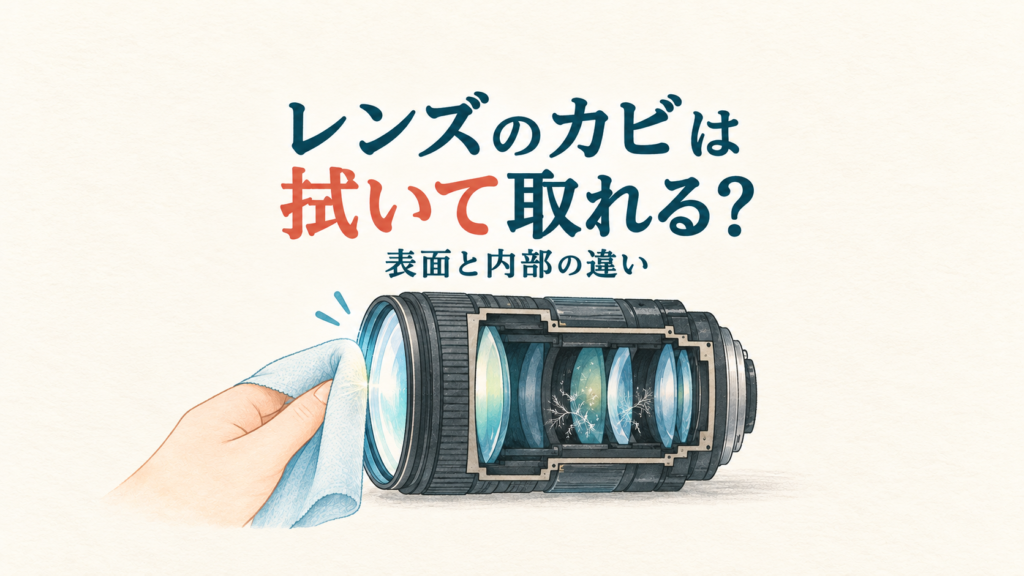 レンズのカビは拭いて取れる？表面と内部の違い。外側を拭く布とレンズ内部のカビを示したイラスト。