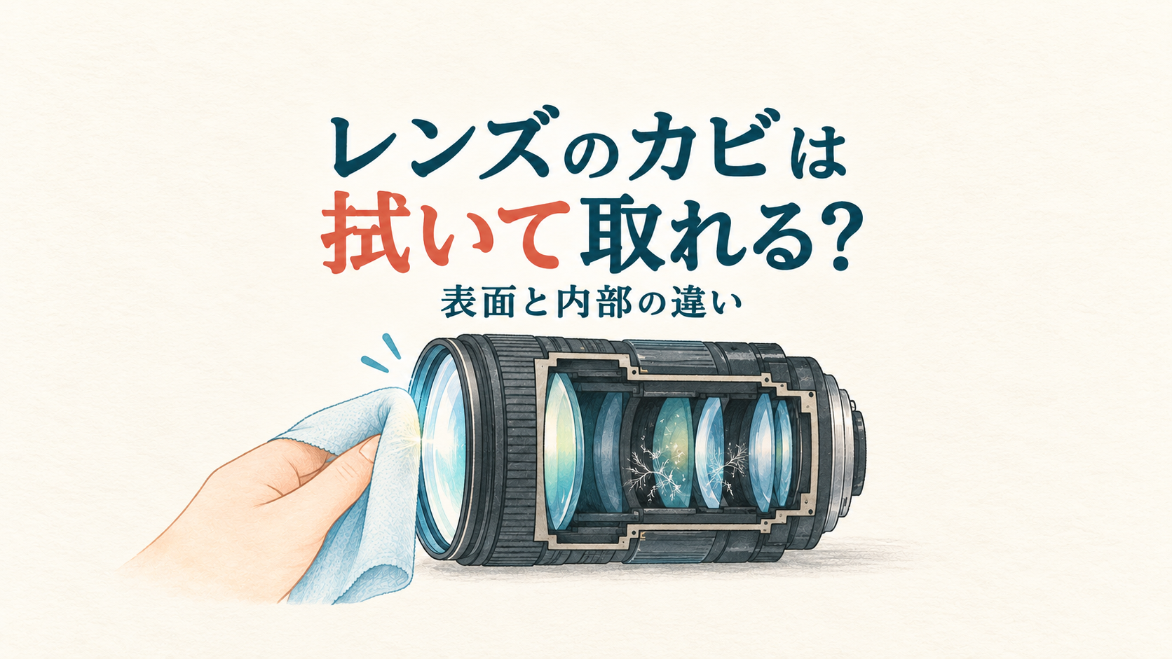 レンズのカビは拭いて取れる？表面と内部の違い。外側を拭く布とレンズ内部のカビを示したイラスト。
