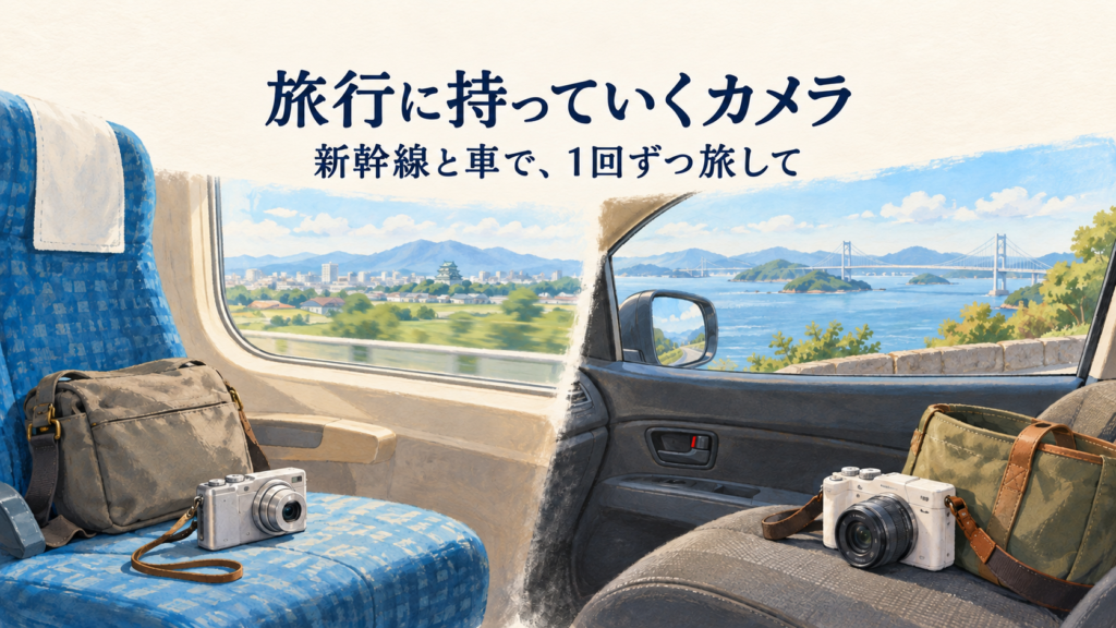 旅行に持っていくカメラ。新幹線の座席の小さなコンデジと、瀬戸内海を望む車の助手席の小型ミラーレスを描いたイラスト