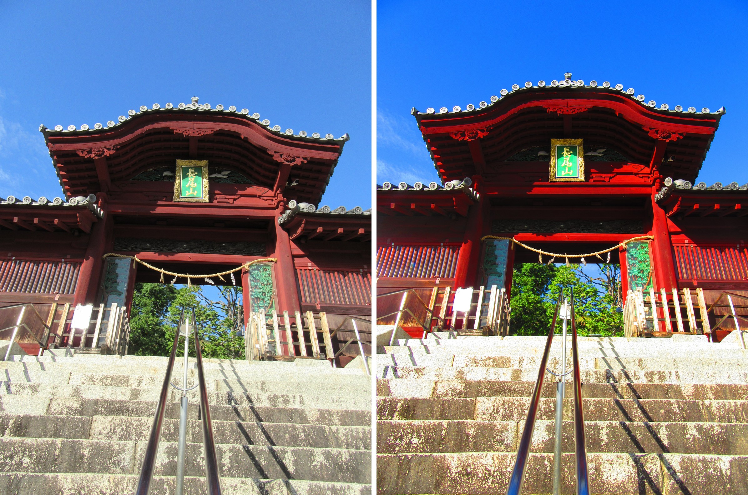 PowerShot SX610 HSで広島東照宮の唐門を25mm相当で撮影。左がオート、右が極彩色。朱色の門と青空の色を比較した縦位置2枚