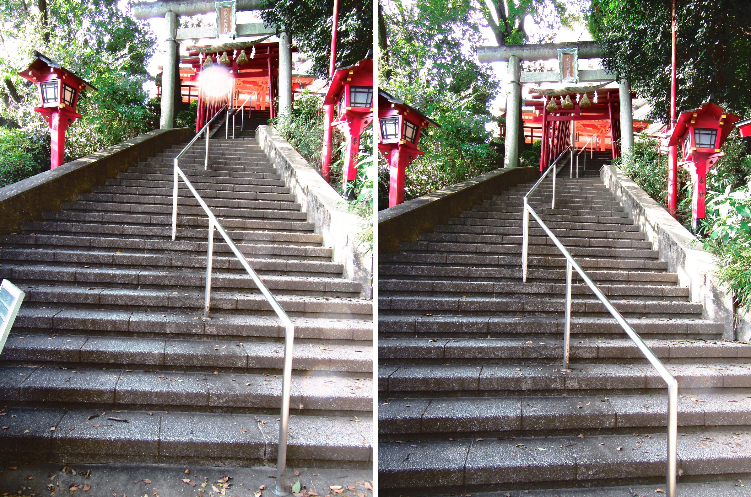 PowerShot SX610 HSのオールドポスターで撮った金光稲荷神社の石段。左は鳥居の下に白い光の玉があり、位置を変えた右には写っていない