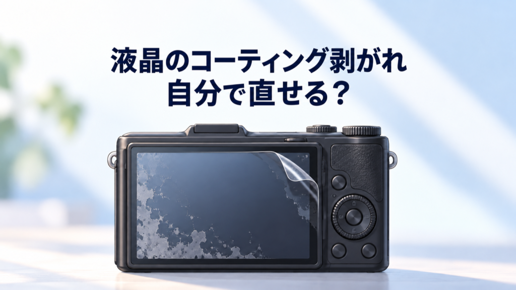 表面のコーティングが剥がれたカメラの液晶と、角がめくれたフィルムを描いた、自己修理の経験談と注意点の記事のイラスト
