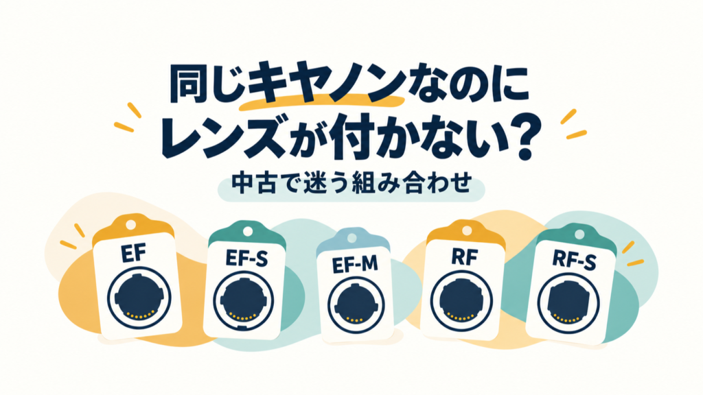 同じキヤノンでもレンズが付かない組み合わせを、EF・EF-S・EF-M・RF・RF-Sの5種類の札で表した記事のアイキャッチ